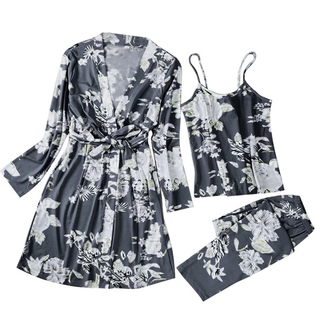 GPOECD Pyjama pour Femmes, Cardigan Doux à Imprimé, Ensemble de Détente 3 Pcs pour la Maison pour le Printemps et l'Automne, Ensembles de Pyjama de Détente, Gris, TG