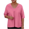 thumbnail image 1 of Savings Clearance! Womens Plus Size Tops,Summer Short Sleeve Blouse Tops for Womens,Women's Solid Color Blouses Raglan Mid Sleeve V-Neck Patchwork Pleated Top, 1 of 5