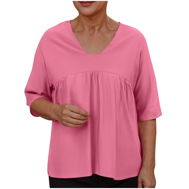 Savings Clearance! Womens Plus Size Tops,Summer Short Sleeve Blouse Tops for Womens,Women's Solid Color Blouses Raglan Mid Sleeve V-Neck Patchwork Pleated Top