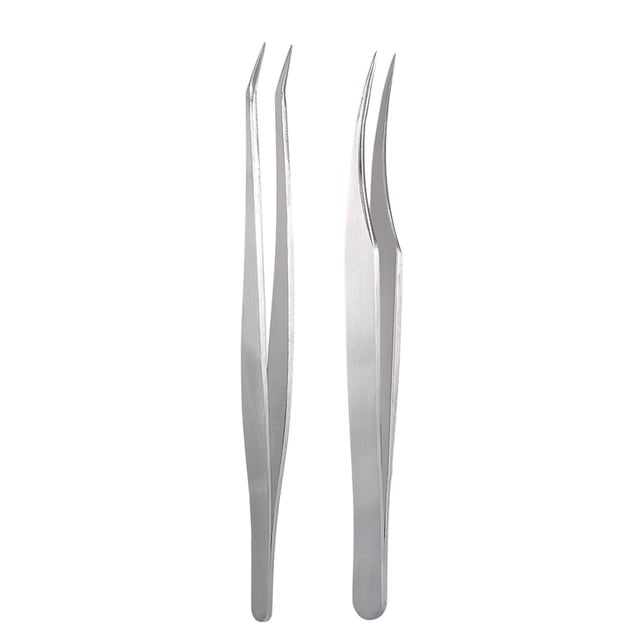 Ensemble de 2 Pinces d'Extension de Cils en Acier Inoxydable avec Pointes Droites et Courbées, Idéal pour une application Précise des Cils, nail art et pour Ramasser de Petits Articles. Fabriqué en Acier Inoxydable Anticorrosion et Comprend une Boîte de Rangement Transparente pour la Portabilité.