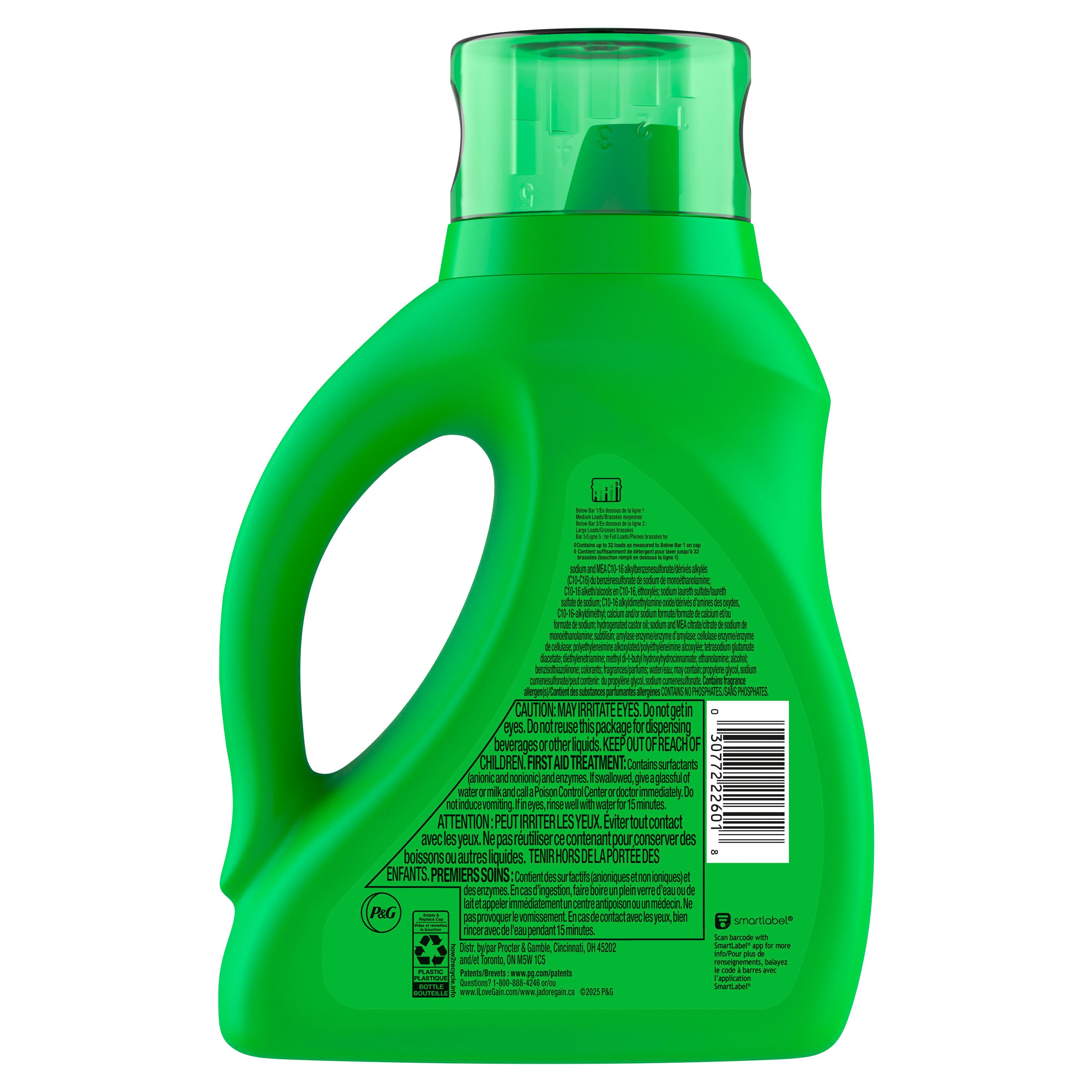 Détergent à lessive liquide Gain, parfum Original, 1,24 L, 32 brassées, fraîcheur + élimination des odeurs, savon nettoyant liquide haute efficacité pour laveuse