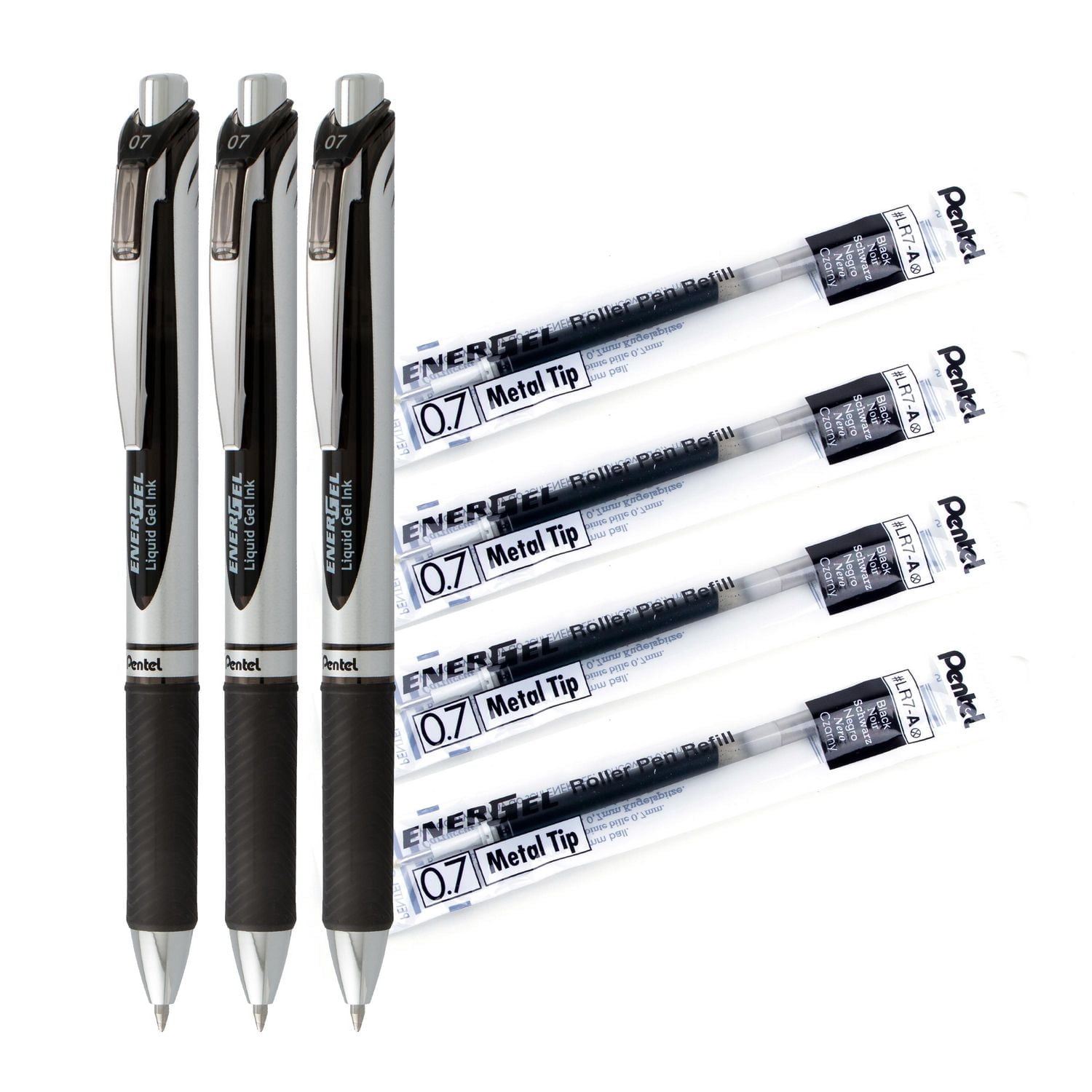 EnerGel Retractable Gel Roller, 0.7mm, Medium Point, 3 Pens and 4 Refills pack, Black Ink