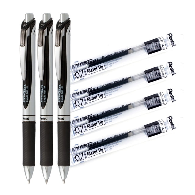 EnerGel Retractable Gel Roller pens 0.7mm medium point black ink, three pens with silver barrels, black rubber grips, and metal clips, plus four 0.7mm metal tip refills in clear packaging, designed for smooth, smear-proof writing in office and school settings.