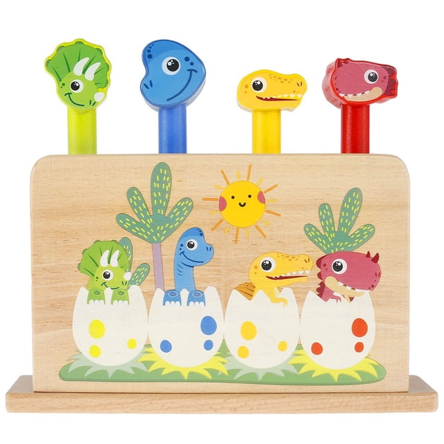 Dinosaur Pop Up Toy with 4pcs Dinosaur Rods Dinosaur Montessori Game Sensory Development Early Educational Bouncing Dinosaur Wood Toy for Kids Ages 1+