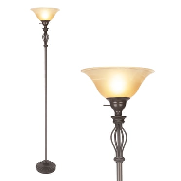 HonoDing Torchiere Floor Lamps for Living Room & Bedroom – Stand Up Lamp with Corner Floor Lamp Design – Traditional Iron Scroll 70" Tall Alabaster Glass Bowl Shade (Brown)