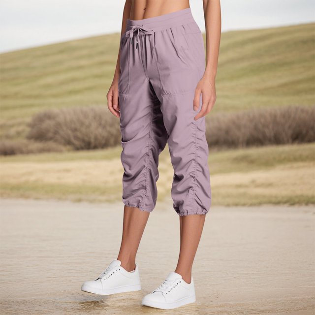 Womens Capris for Workout Pull on Cinch Bottom Quick Dry Cargo Pants Elastic Waist Adjustable Breathable Drawstring Cropped Pants with Pockets Purple S