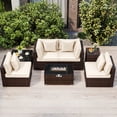 thumbnail image 1 of Costway 7 PCS Patio Furniture Set 40,000 BTU Gas Fire Pit Table Propane Tank Cover Table Mix Brown + Off-White, 1 of 10