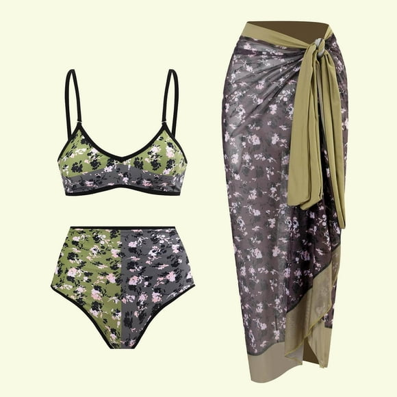 Womens One Piece Tankini Swimsuit with Maxi Wrap Skirt Summer Floral Printed Two Piece Tummy Control Bathing Suit