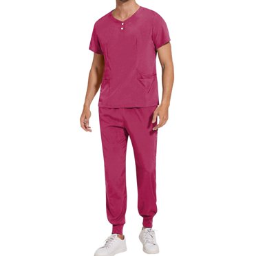 Mefallenssiah Scrubs for Men 2PC Set Solid Color Round-neck Pocket Caregiver Short Sleeved Shirt Elastic Pants Nurse Uniform Sets