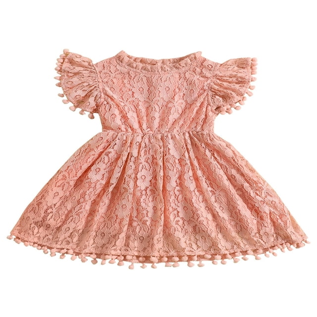 Robe Trapèze pour Tout-Petites Filles, Manches Courtes, Col Rond, Dentelle Florale à Franges, Robes de Fête