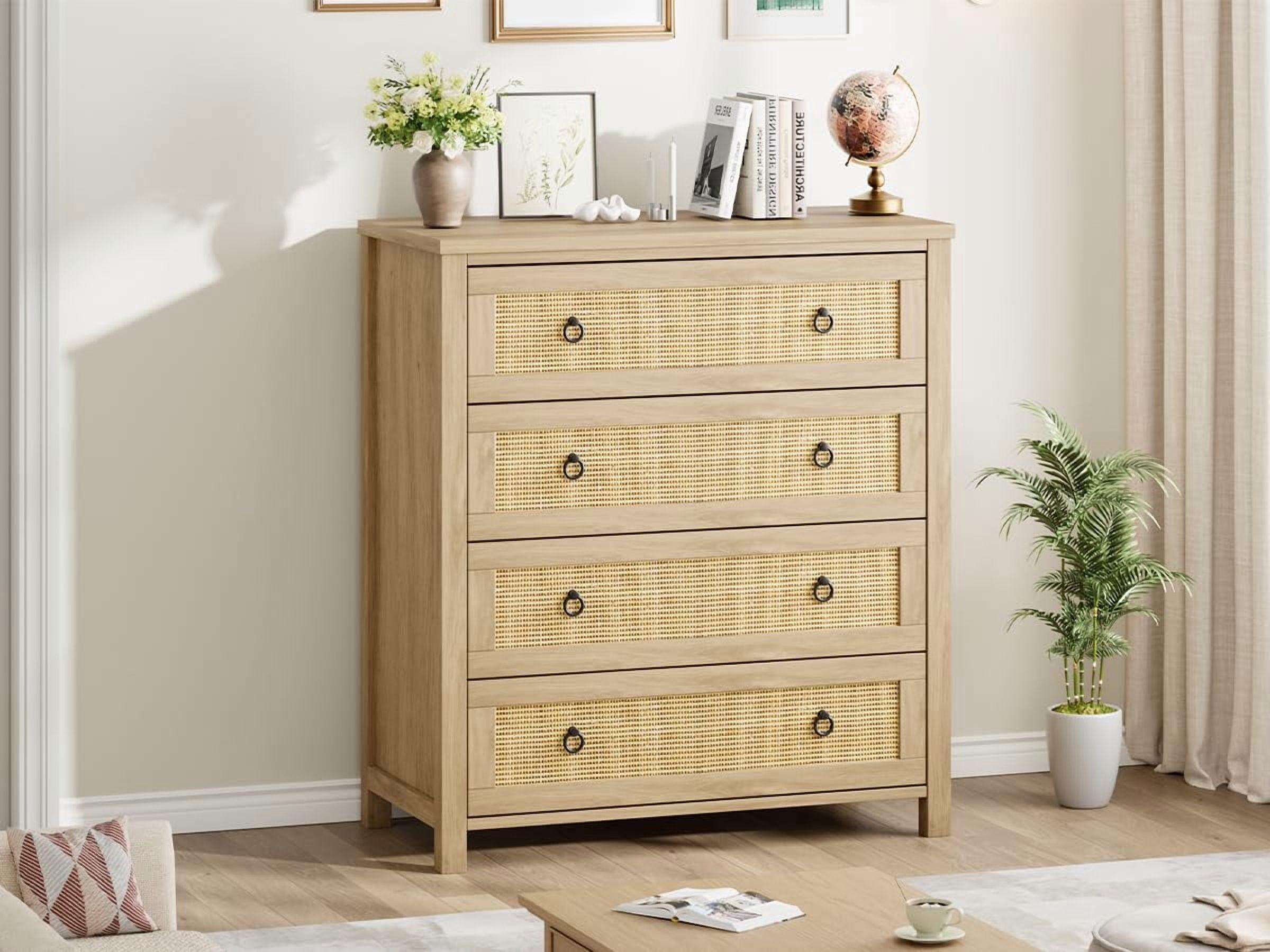 4 Drawer Rattan Dresser for Bedroom, Boho Chest of Drawers with Round Handles, Wood Color