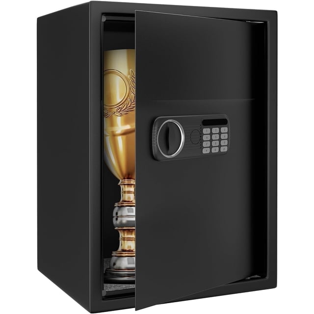 GAZHOME 1.85 Cu.ft Home Safe Box with an electronic security lock and digital keypad. The black steel safe features a partially open door revealing a gold trophy inside. It includes a removable shelf, felt lining, and pre-drilled holes for flexible mounting. Designed for storing valuables like documents, jewelry, and money, it offers dual unlocking methods, a double alarm system, and durable Q235 steel construction with pry-resistant hinges and bolts.