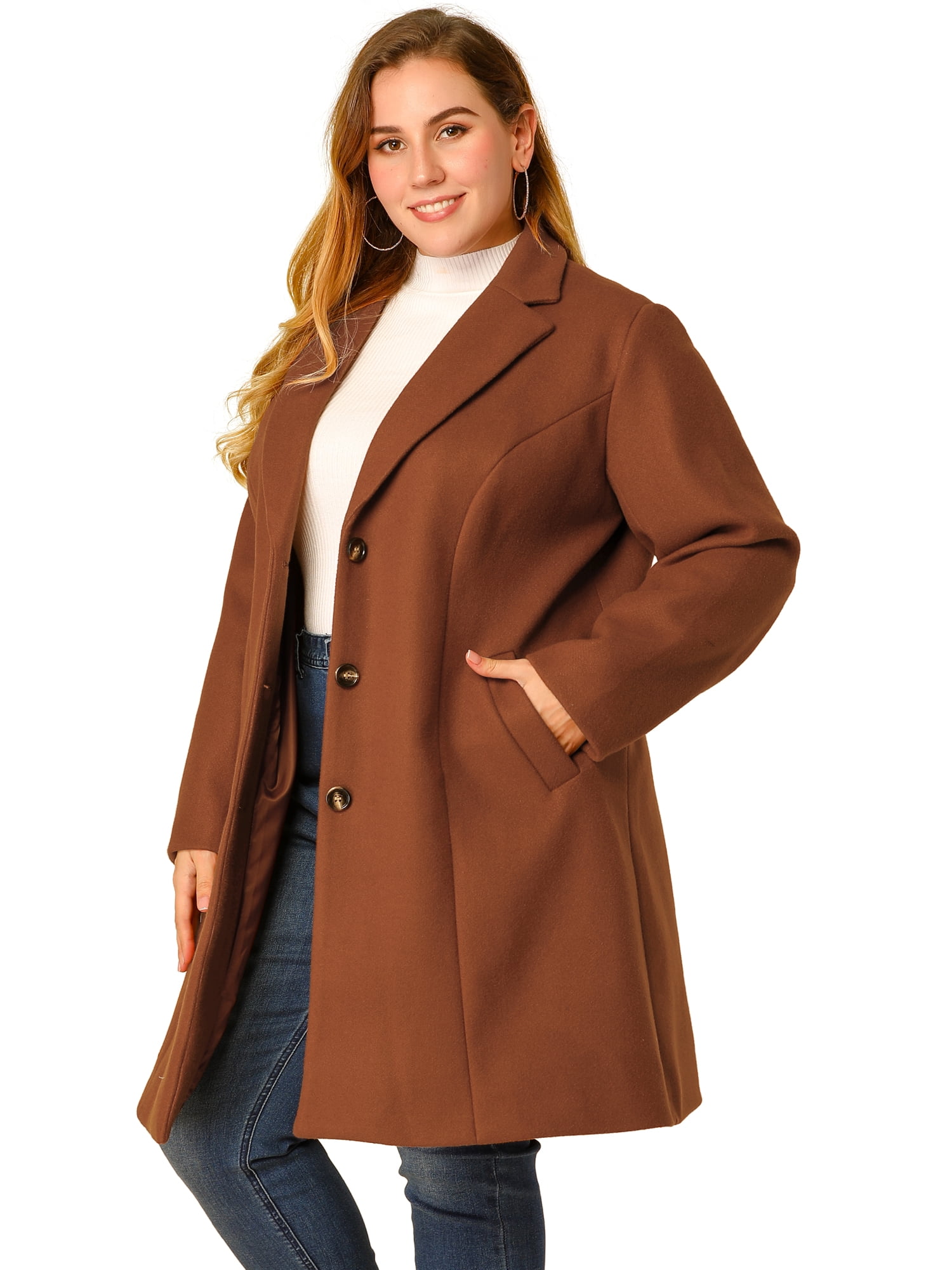GRACE & GRANDEUR Women's Plus Size Notched Lapel Single Breasted Long Coats