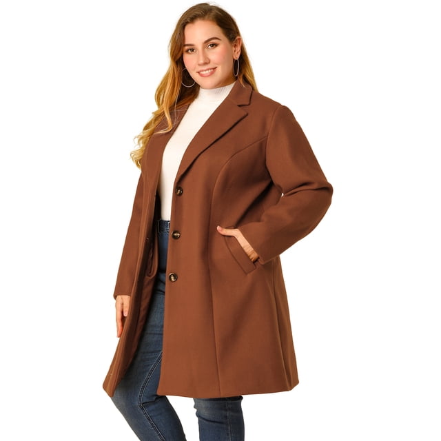 GRACE & GRANDEUR Manteaux Longs à Revers Cranté à Simple Boutonnage pour Femmes Grande Taille