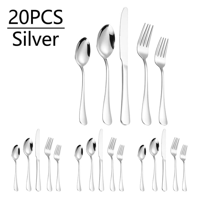 Matoen Cutlery Set 20PCS Stainless Steel 4-person Set featuring a modern design with edges. Includes 4 table knives, 4 dinner forks, 4 dinner spoons, 4 teaspoons, and 4 smaller forks. The set is made of durable stainless steel with a shiny silver finish, suitable for daily use or formal dining. Ideal for weddings, housewarming, or holiday gifts.