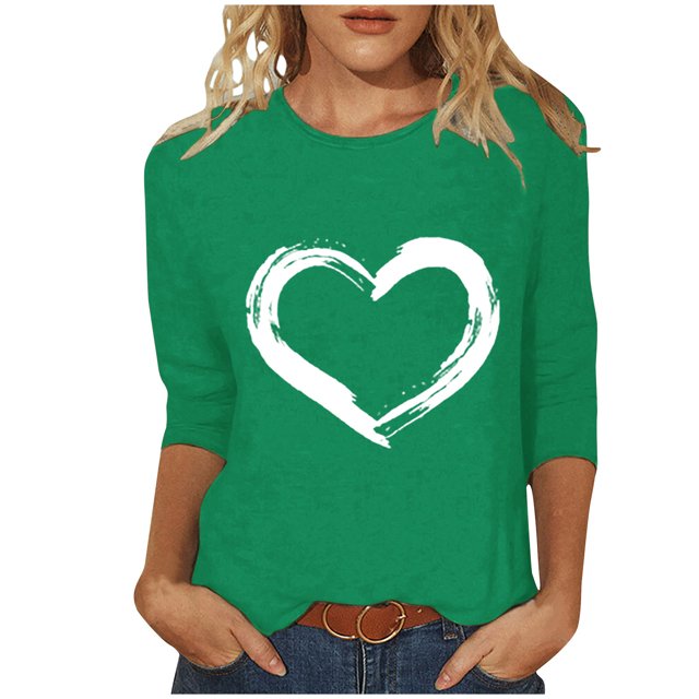 Plebaso Hauts Cœur pour Femmes Manches 3/4 Col Ras du Cou T-Shirts Graphiques Mignons Imprimés Blouses Décontractées pour Femmes