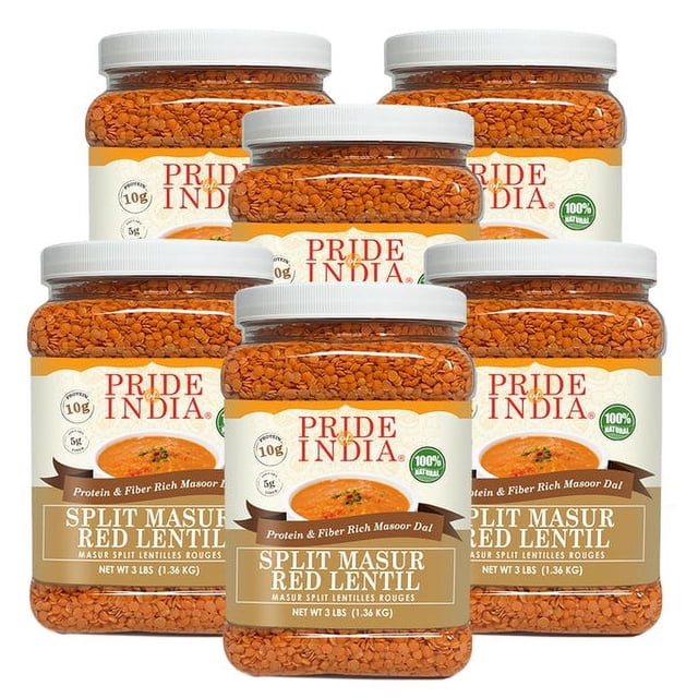 Pride Of India - Lot de 6 - Lentilles Rouges masoor Indiennes Décortiquées, Pots de 3 Livres. Chaque Pot Contient 100 % Naturel, masoor dal Riche en Protéines et en Fibres, Offrant 10 Grammes de Protéines et 5 Grammes de Fibres Alimentaires par Portion. les Lentilles Sont Sans OGM, Sans Gluten, Véganes et Sans BPA, avec une texture Douce et un Temps de Cuisson Rapide. Vendu dans des Pots en Plastique PET de Qualité Alimentaire Scellés, Convient au Rangement en Vrac dans le Garde-Manger.