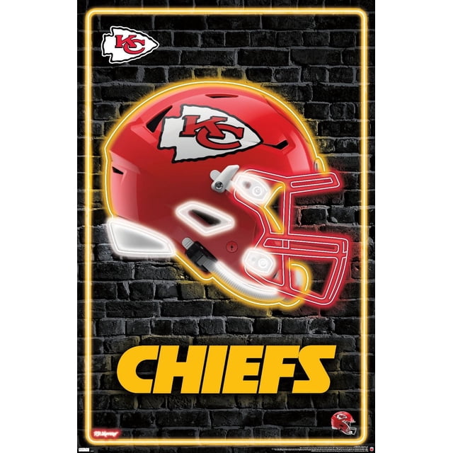 Kansas City Chiefs neon wall poster with a centered red football helmet featuring the Chiefs arrowhead logo on a black brick wall background, outlined in yellow and white neon, with bold yellow 'CHIEFS' text below.