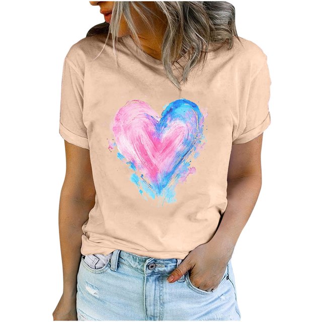 Diufon Hauts de la Saint-Valentin pour Femmes Décontracté Tendance Manches Courtes Col Rond Chemisier Imprimé Graphique Mignon