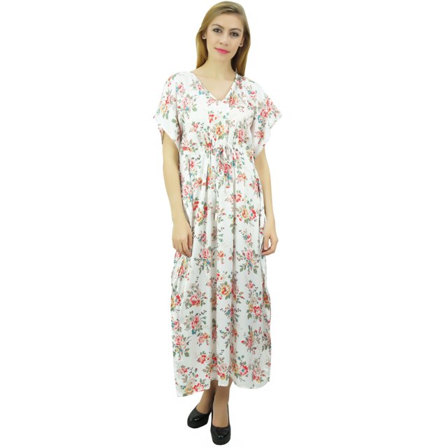 Bimba Robe Longue Maxi en Satin à Cordon, Kimono Kaftan Floral Blanc pour Femme - 16