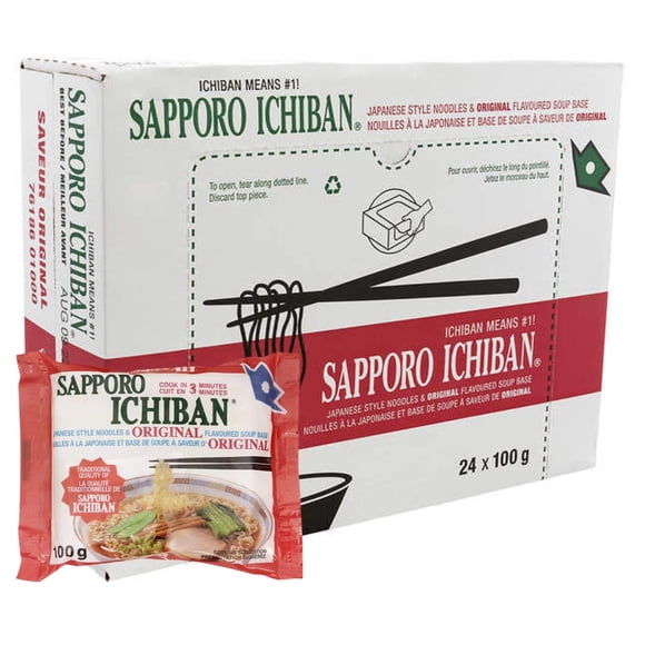 Sapporo Ichiban Japanese Noodles Original, 100 g (24/Case) – Classic Instant Ramen Bowls with Savory Umami Flavor
