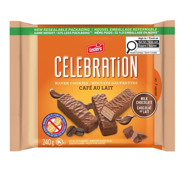 Coated Celeb.Coffee Wafer Celebration Café au Lait wafer cookies coated with real milk chocolate, showing three rectangular bars with one broken to reveal creamy wafer layers inside, in a resealable 240g orange package with bilingual English and French text and Health Canada nutrition warnings, ideal for coffee breaks and snacking.