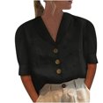 thumbnail image 2 of Aboser Women's Cotton and Linen Shirts Plain Short Sleeve Blouse Tops Dressy Button Down T Shirt Lapel Work Office Tunic Top 2024 Ladies Clothes Black M, 2 of 6