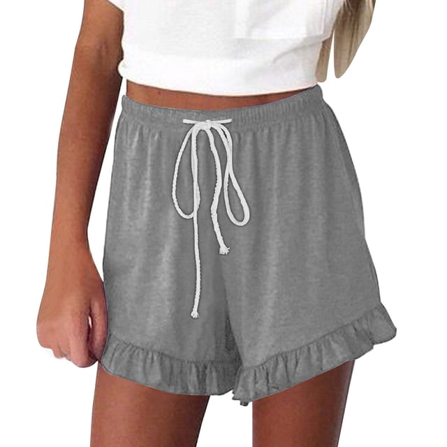 Womens Versatile Shorts Casual Pleated Hem Wide Leg Elastic Waist Drawstring Short Solid Color Loose Comfy Pants