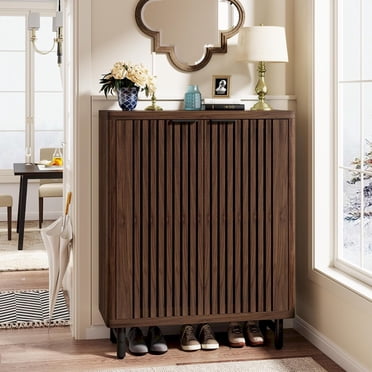6-Tier Shoe Cabinet with Louvered Doors, Large Wooden Shoe Storage Cabinet with Adjustable Shelves