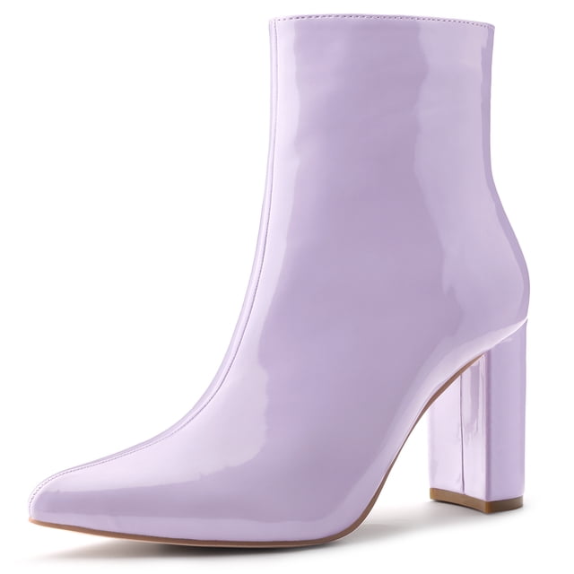 Unique Bargains Women's Pointed Toe Zipper Patent Leather Ankle Chunky Boots