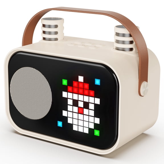 JYX Karaoke Machine, Home Karaoke System with 15 Animated Dispaly Modes, Mini Portable Speaker with 2 Microphones, Beige