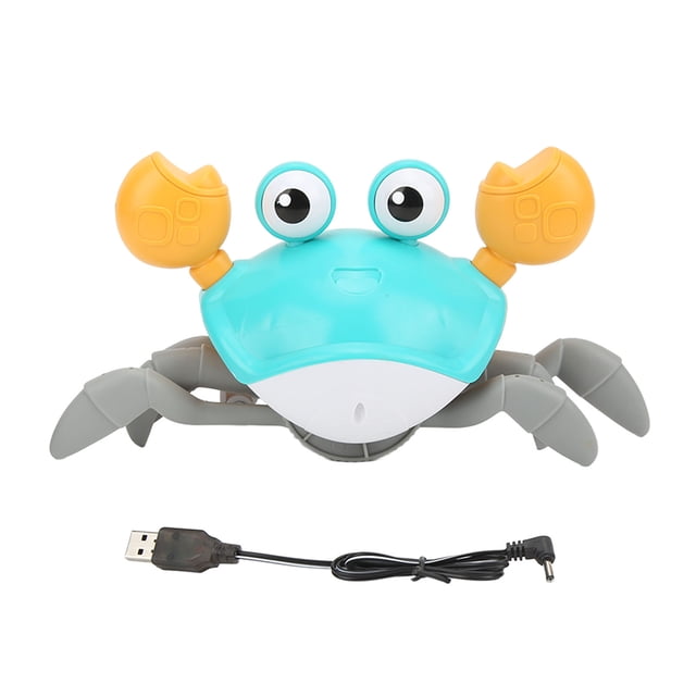 Crab Crawling Toy, USB Rechargeable Interactive toy in blue with yellow claws and large cartoon eyes. Made of plastic and electronic components, it measures approximately 23x14cm (9.1x5.5in). Includes a USB charging cable for its 3.7V lithium battery, offering 20-30 minutes of uninterrupted operation after a 2-hour charge. Suitable for children aged 3 years and up. The toy features music and lights, making it an engaging birthday gift for kids.