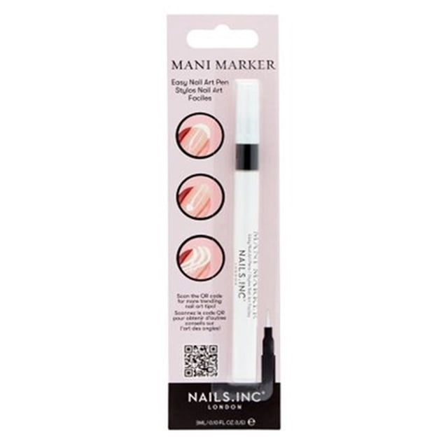 Nails Inc Marqueur pour Ongles Mani Blanc Éclatant dans un Emballage de Vente au Détail avec un Stylo Blanc et une Bande Noire, Montrant Trois Exemples Circulaires de designs d'Art des Ongles Rose et Blanc, Idéal pour des applications Faciles d'Art des Ongles et de Soin Créatif des Ongles.