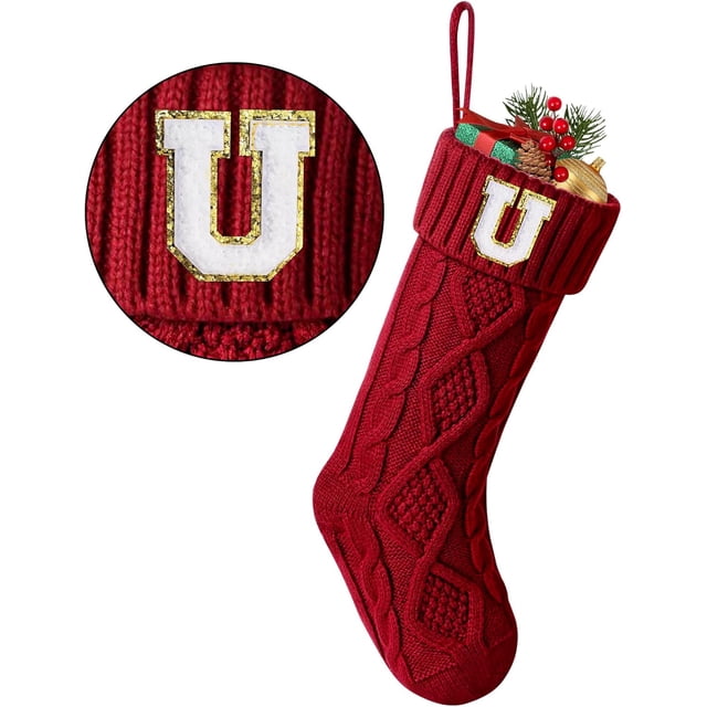 TETOU Bas de Noël avec Lettre Initiale 18 Pouces Bas pour Décoration de Noël - Rouge U