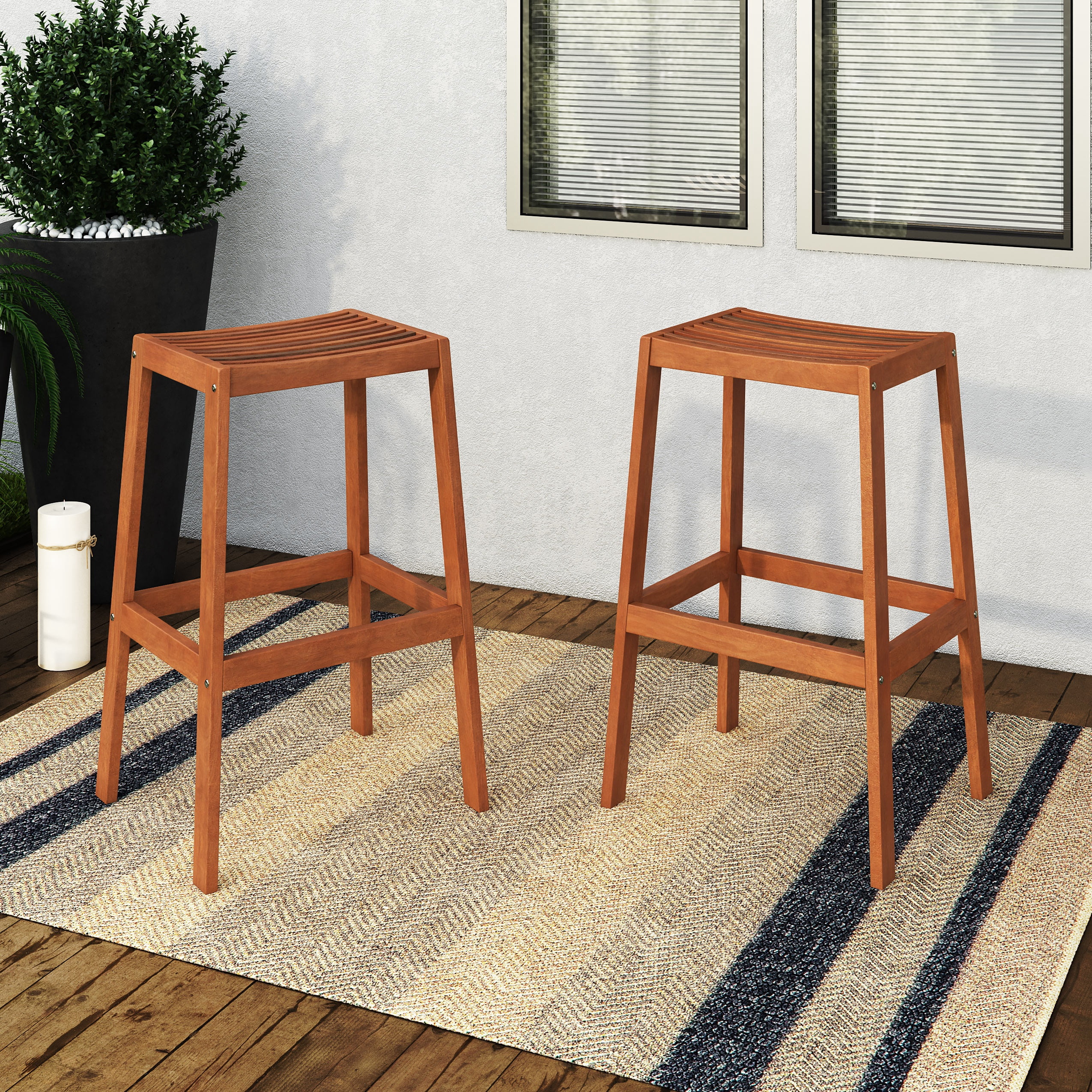 CorLiving Miramar Solid Wood Backless Bar Height Outdoor Bar Stools, Brown (Set of 2)