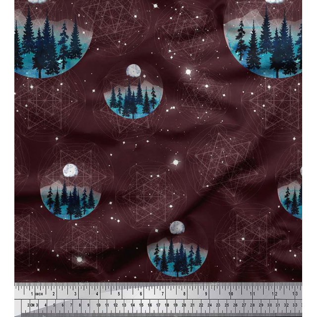 Soimoi Georgette Viscose Fabric Tree,Moon & Sacred Geometry Galaxy Printed Fabric 1 Yard 42 Inch Wide