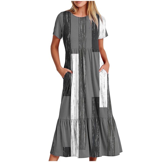 FAIWAD Robe à Manches Courtes pour Femme Grande Taille, à Blocs de Couleur, Robe d'Été Décontractée, Fluide, Coupe Trapèze, avec Poches