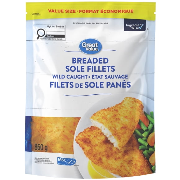 Great Value Wild Caught Breaded Sole Fillets, Frozen Bag, 860 g