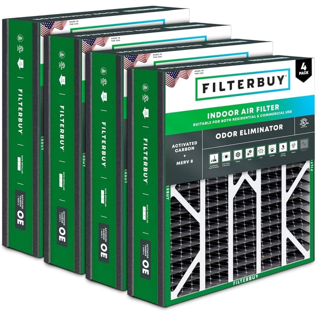 Filterbuy 20x25x5 MERV 8 (MPR 600) Odor Eliminator, Pleated HVAC AC Furnace Air Filters for Trion Air Bear, Generalaire, Skuttle, and More (4-Pack)