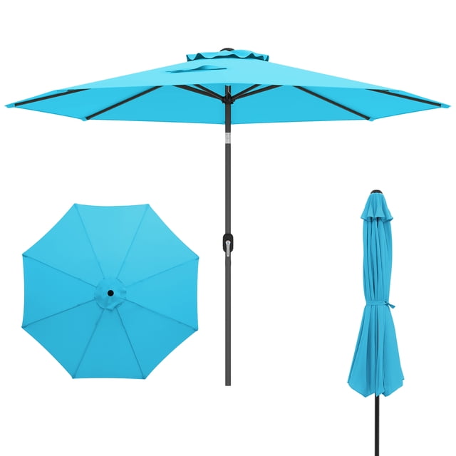Gymax Parasol de Patio 300 cm, Parasol de Marché Robuste avec Mécanisme d'Inclinaison, Manivelle, Bleu