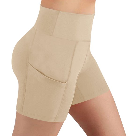Moxiu Women's Biker Shorts with Pockets High Waisted Spandex Workout Running Yoga Gym Lightweight Summer Fitness Stretchy Shorts Beige,L
