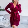 thumbnail image 1 of FcBaudy Robe à Manches Longues à Col en V, Robes d'Été pour Femmes, Robes pour Femmes Mode Féminine Robe Moulante en Velours à Manches Bouffantes Robe de Fête Petite Robe Robe à Manches Longues Robe à Col en V Robe Femme, 1 of 6
