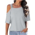 thumbnail image 2 of Meichang Women's Cold Shoulder Tops Short Sleeve Square Neck T Shirts Solid Color Basic Summer Tees Spaghetti Straped Casual Vacation Tees, 2 of 8