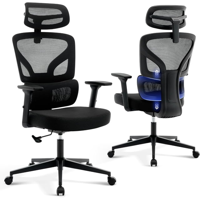 Chaise de bureau haut dos ergonomique Mesh avec support Lombaire réglable et appuie-tête 3D Accoudoirs Rolling Swivel Task Chair pour le Home Office
