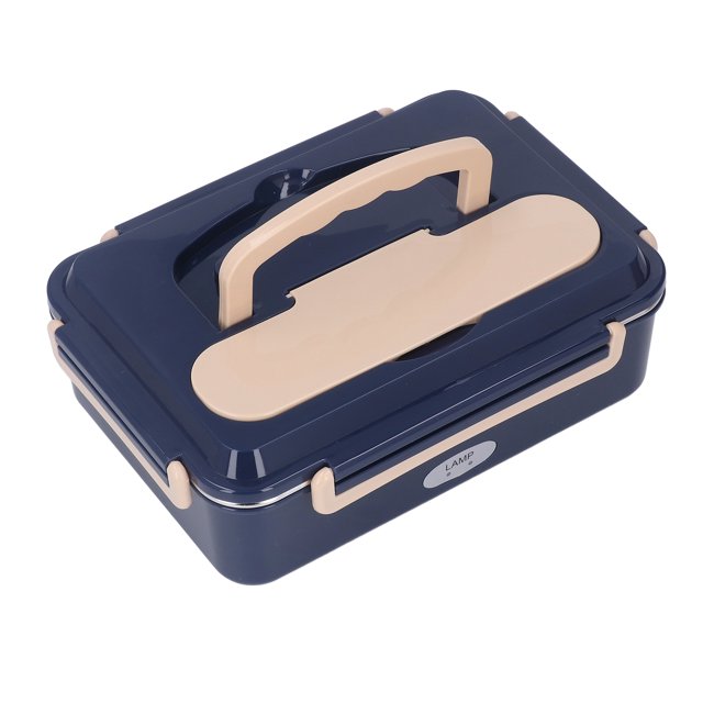 Electric Lunch Box Bento Box Electric Heating Lunch Box with 2 grids, featuring a durable 304 stainless steel inner container and a PP exterior. The lunch box has a navy blue and beige design with a portable handle for easy carrying. It offers three-dimensional uniform heating with a rated power of 40W-80W and a capacity of 1.0L-1.5L. Suitable for drivers, camping, dormitories, outings, fishing, households, and offices. Approximate size is 18.5 x 25.5 x 8.8 cm.