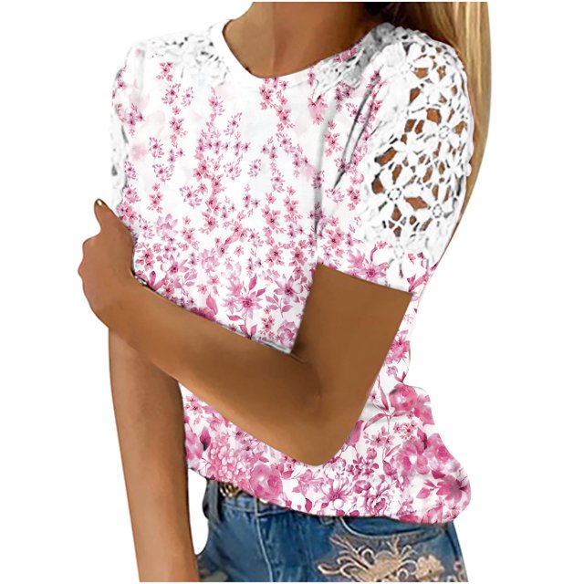 Birdeem Femmes Imprimé Manches Courtes Col Rond Chandail en Dentelle Hauts Chemises Blouse