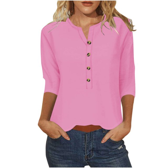 FAIWAD Womens 3/4 Sleeve Tops Casual Loose V Neck Button Down Tunic Tops Spring Summer Basic Blouse