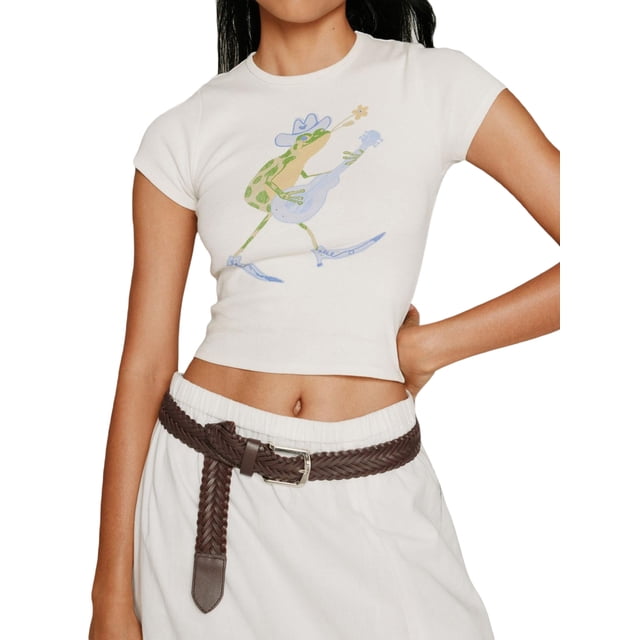 EYIIYE T-Shirts à Col Rond Aguichant pour Femmes, Manches Courtes, Hauts Courts, Blouses Mignonnes, Imprimé Fruit/grenouille, T-Shirts Ajustés, Mode Décontractée, Vêtements Mode Urbaine pour Adolescentes, Été, Quotidien