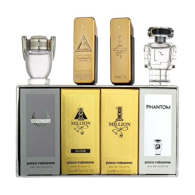 Paco Rabanne Coffret Cadeau de Cologne pour Hommes avec Quatre fragrances Emblématiques de 5 ml : One Million, One Million Elixir, Invité et Fantôme. Comprend un Emballage Or et Argent avec des Modèles de Bouteilles Uniques, Incluant un Fantôme en Forme de Robot et un Invité en Forme de Trophée. Parfait pour les Voyages, les Cadeaux et l'Échantillonnage de la Cologne de Luxe pour Hommes.