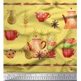 thumbnail image 1 of Soimoi Yellow polyester Crepe Fabric Kettle & Cups Kitchen Printed Fabric 1 Yard 52 Inch Wide, 1 of 4